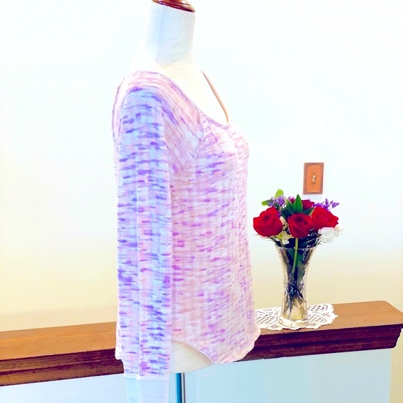 🌸Free People Long sleeve Thermal Knit Top w/Thumbholes, Size L, Pink Combo NWT - Picture 4 of 7